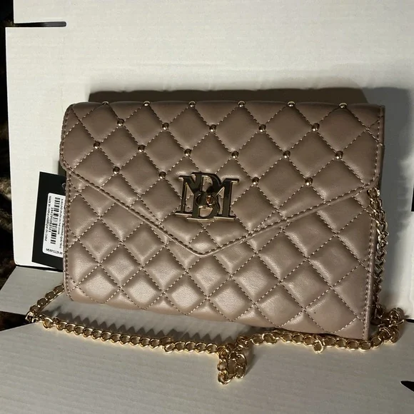 Badgley Mischka Quilted Taupe Crossbody Bag Gold Chain NWT Vegan Leather - Picture 4 of 12
